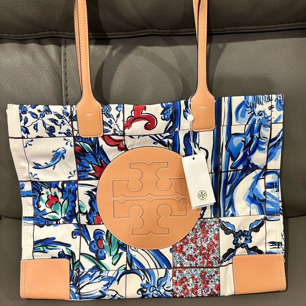 Tory Burch Blue and Red Floral Tote